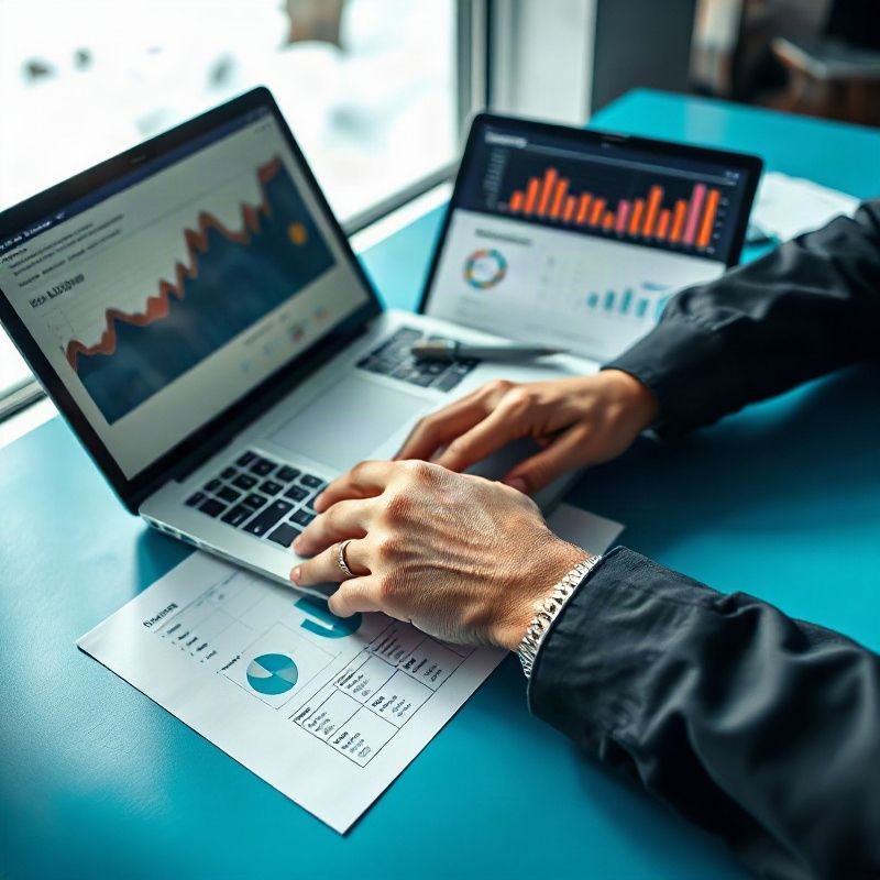 Hände einer Auditorin prüfen Finanzunterlagen und Daten auf einem Laptop