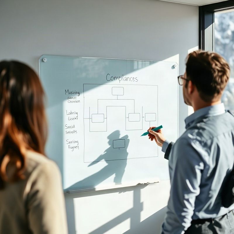 Compliance-Fachperson präsentiert ein strukturiertes Rahmenwerk auf einem Glas-Whiteboard