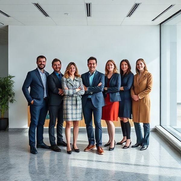 Teamporträt der acht Fachleute von JadedProfile AG in einem modernen Berner Büro